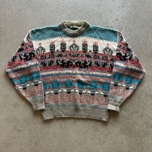 Vintage 90s Saturdays Geometric Sweater Size XL Multicolor 1991 Knit Crewneck